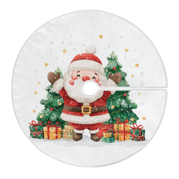 Happy Santa with Christmas Trees Watercolor Christmas Tree Skirt Opening Design Floor Mat Holiday Decor 35 inch