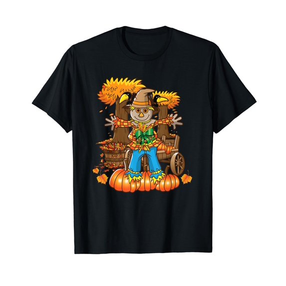 Happy Scarecrow Fall And Autumn Season Colors Short Sleeve Black T-Shirt