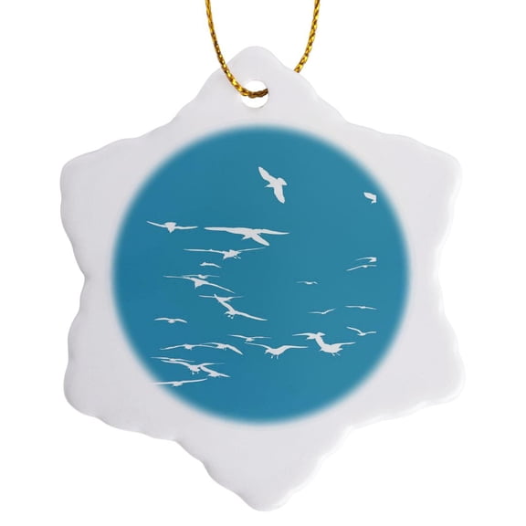 3drose, Happy Seagulls Flying in the Sky White Silhouette, 3 inch Snowflake Porcelain Ornament