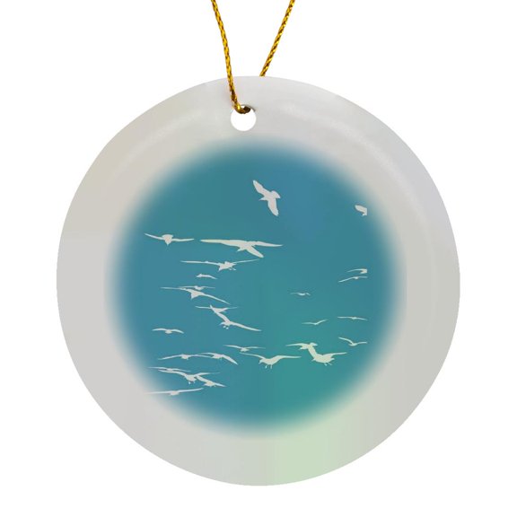 3drose, Happy Seagulls Flying in the Sky White Silhouette, Circle Porcelain Ornament