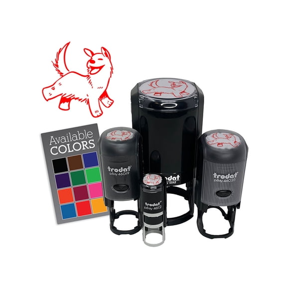 Happy Shaggy Dog Running Smile Self-Inking Rubber Stamp Ink Stamper for Stamping Crafting Planners - 1/2 Inch Mini - Orange Ink