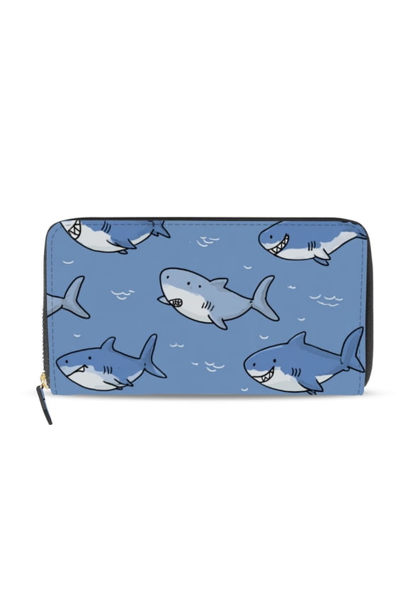 Happy Sharks Women's Long Zipper Wallet Bifold Clutch Purse PU Leather Card Cases