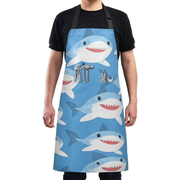 Happy Sharks on Blue Chef Kitchen Apron with Pockets for Women Waterproof Aprons for Cooking Baking