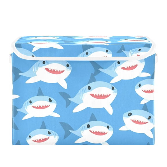Happy Sharks on Blue Large Storage Bins with Linen Collapsible Lid Storage Box 16.7 x 12.6 x 11.8in