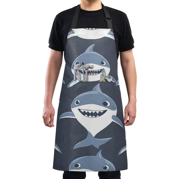 Happy Sharks on Dark Chef Kitchen Apron with Pockets for Women Waterproof Aprons for Cooking Baking