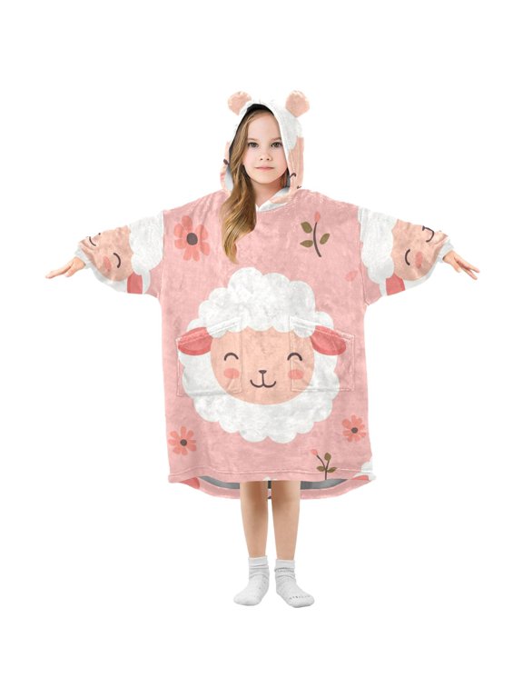 Happy Sheep Faces Little Florals Leaves Flannel Wearable Blankets Hooded Design Long Sleeves Wrap Unisex for 3T-14Y S