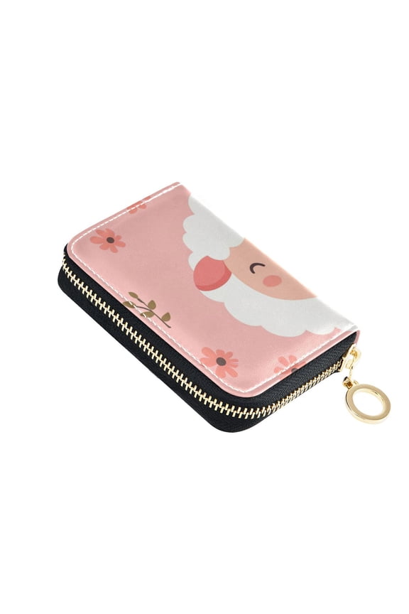 Happy Sheep Faces Little Florals Leaves Women's Credit Card Holder PU Leather Zipper Wallet RFID Blocking