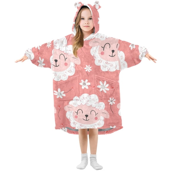Happy Sheep and Flowers Flannel Wearable Blankets Hooded Design Long Sleeves Wrap Unisex for 3T-14Y S
