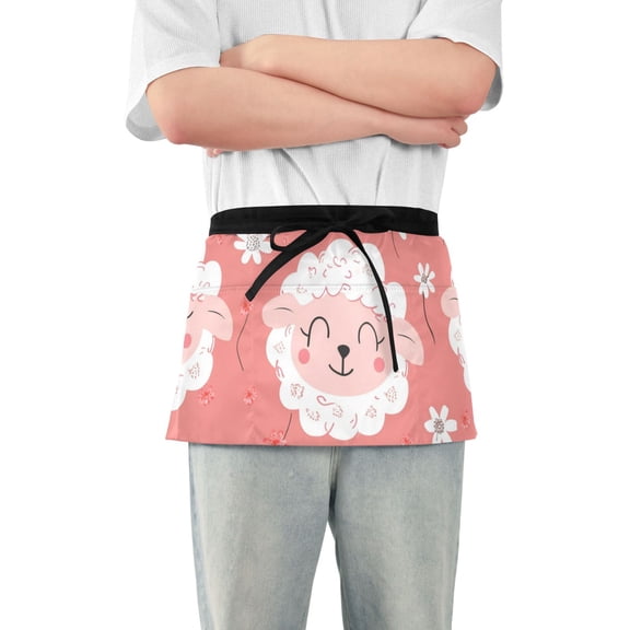 Happy Sheep and Flowers Short Server Apron with 3 Pockets for Unisex Chef Gardening