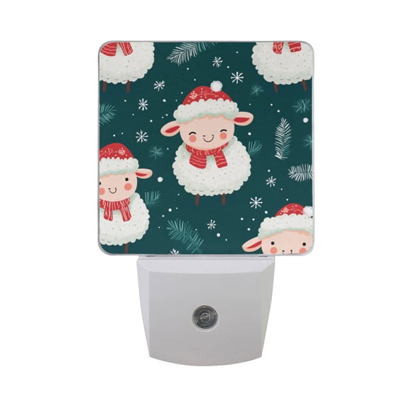 Happy Sheeps in Christmas Snow Leaves LED Night Light with Smart Sensor Plug Into Wall Dusk to Dawn 2 packs