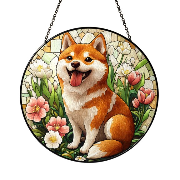 Happy Shiba Inu Expression Stained Glass Style Window Decor Suncatcher, Bright Home Accent Gift