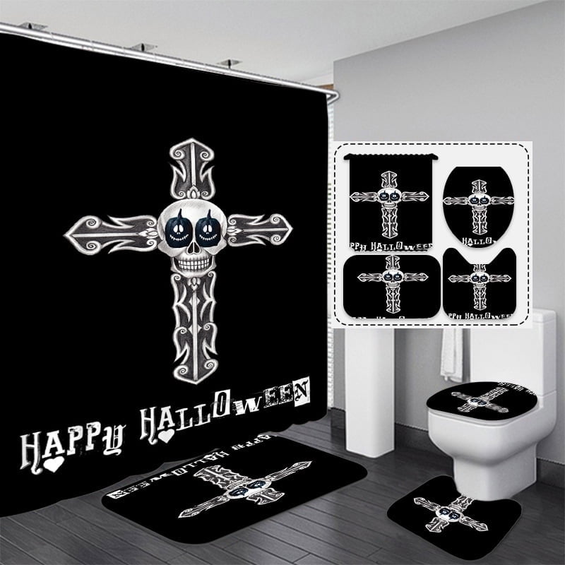 Happy Shower Curtain Magic Witch Broom Spider  Pumpkin Bat Shower