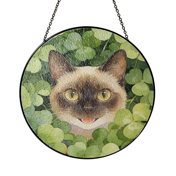 Happy Siamese Welcome St Patrick's Day Lucky Shamrocks Clover Stained Glass Suncatcher Cat Lover Kitten Owner Gifts Window Hanging Sign Decor - 22001