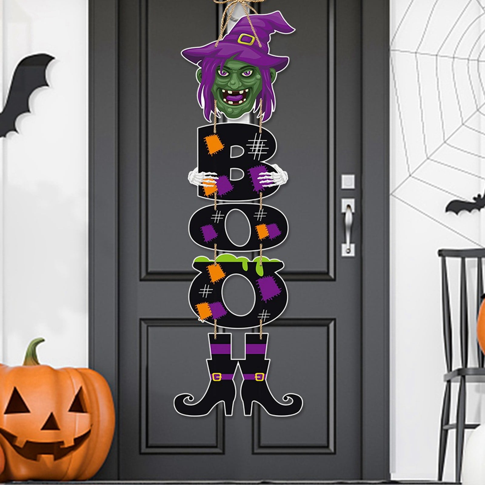 Happy Sign Decoration Witch Legs Hat Hanging Wooden Wall Version Front ...