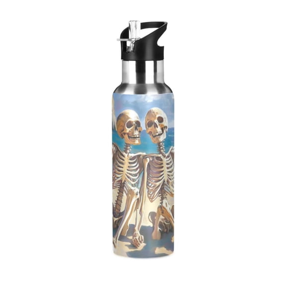 Happy Skeletons Sitting on Beach Sports Bottle with Straw Stainless Steel Water Jug Portable Thermal Cup Leak-proof 600ML