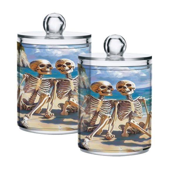 Happy Skeletons Sitting on Beach Translucent Plastic Cans Storage Canisters with Lid Set of 2