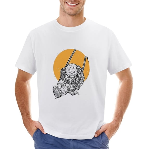 Happy Skull Astronaut Play in Space Men’s T-Shirt 100% Cotton Casual Short Sleeve Tops Gift Tee White 3XL