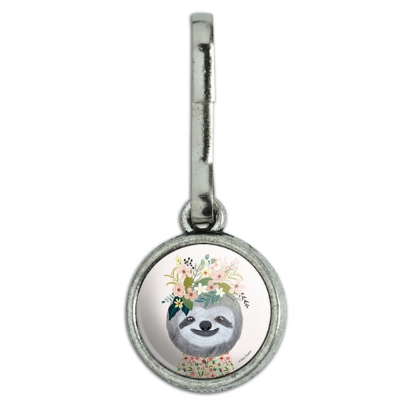 Happy Sloth Flowers in Hair Antiqued Charm Clothes Purse Suitcase Backpack Zipper Pull Aid