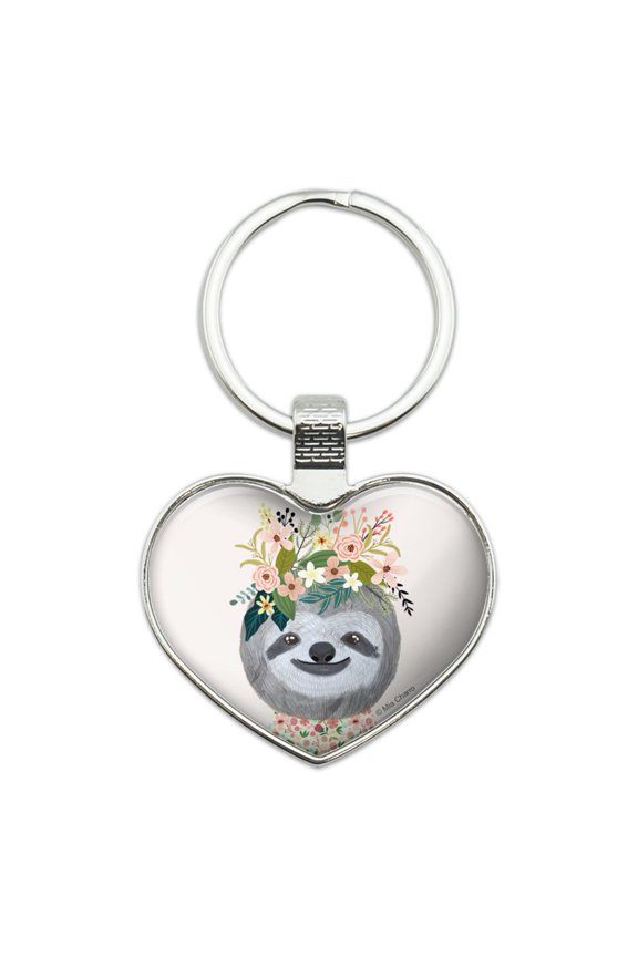 Happy Sloth Flowers in Hair Heart Love Metal Keychain Key Chain Ring