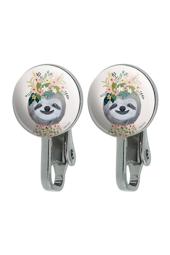 Happy Sloth Flowers in Hair Novelty Clip-On Stud Earrings