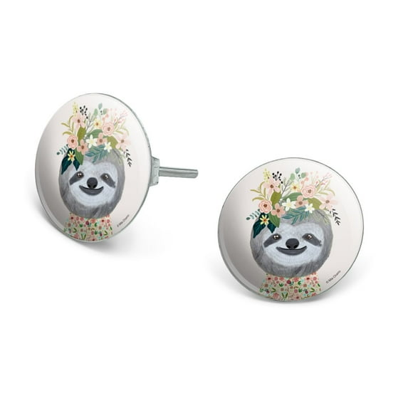 Happy Sloth Flowers in Hair Novelty Silver Plated Stud Earrings