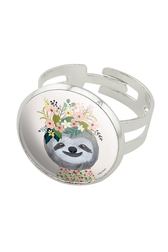 Happy Sloth Flowers in Hair Silver Plated Adjustable Novelty Ring