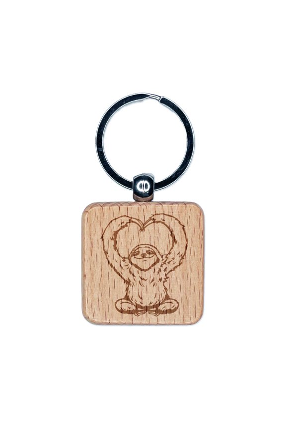 Happy Sloth Making Heart Arms Square Keychain Charm Tag - Engraved Wood