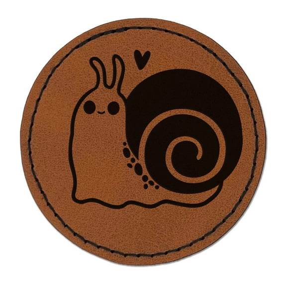 Happy Slow Kawaii Chibi Snail 2.5" Faux Leather Round Engraved Iron-On Patch - Brown