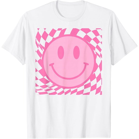 Happy Smile Face Checkered Pink Retro Graphic T-Shirt