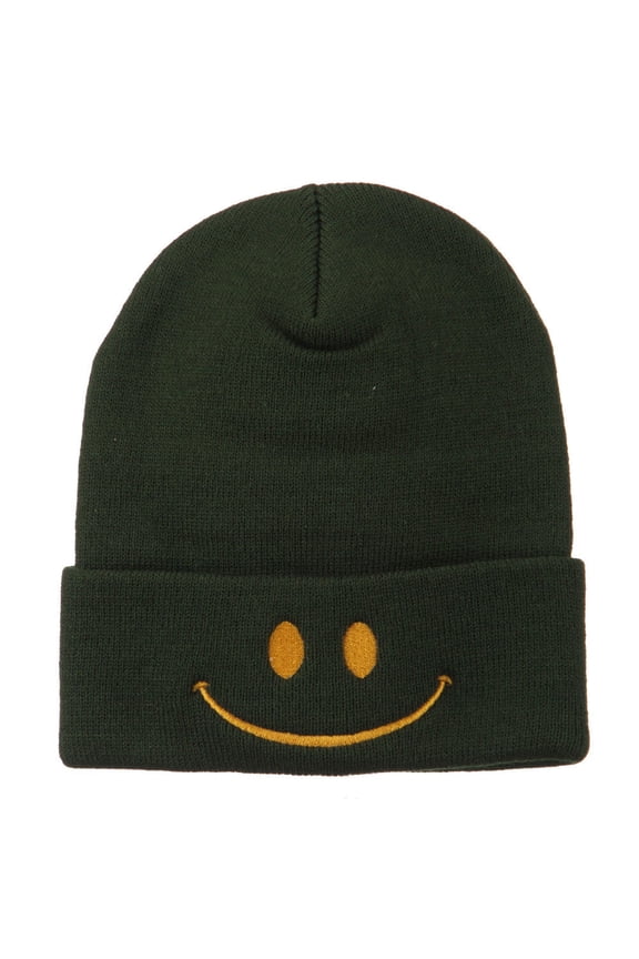 Happy Smile Face Embroidered Knit Beanie - Olive OSFM