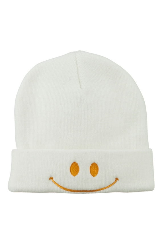 Happy Smile Face Embroidered Knit Beanie - White OSFM