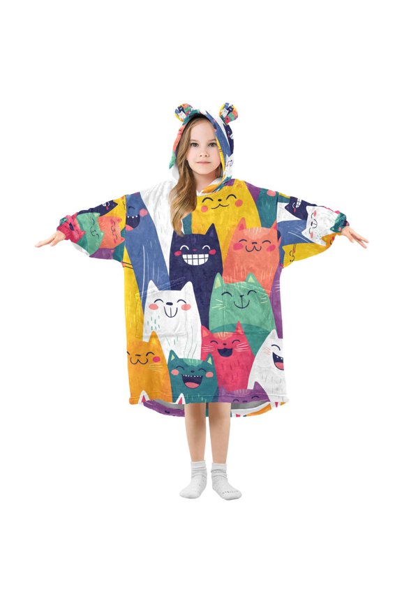 Happy Smile Pattern Wearable Blanket Hoodie Oversized Flannel Soft Warm Cozy 3-14 Age Small