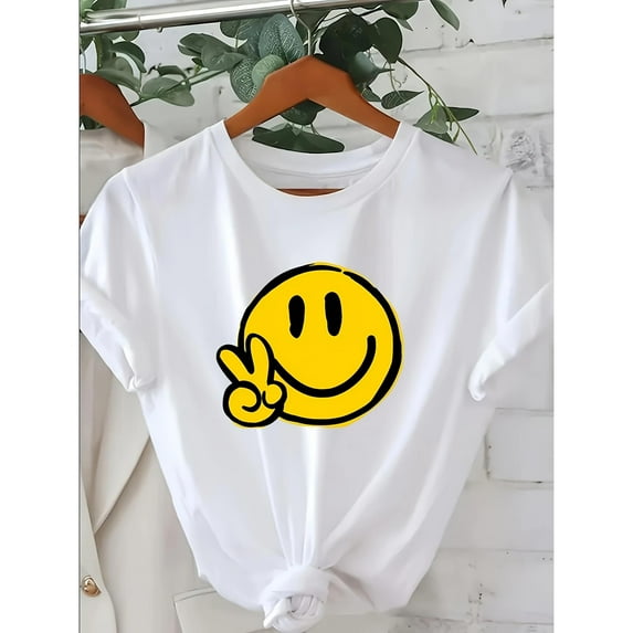 Happy Smiley Face Graphic Print Tee, loose fit, a must-have for spring, summer and autumn, daily comfort, soft fabric design top, Size(S-5XL)