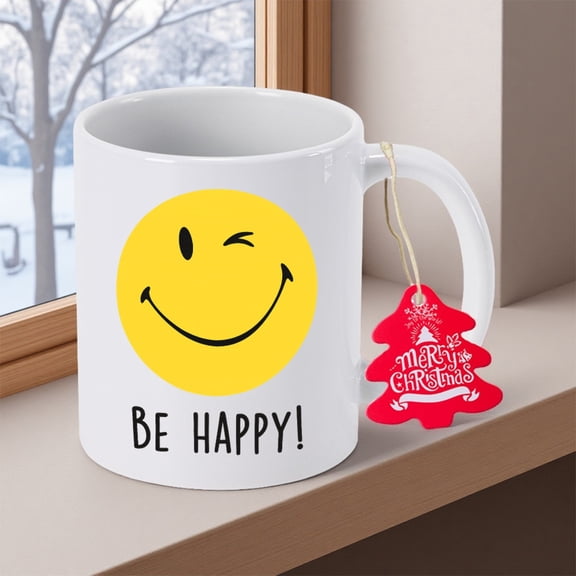 Happy Smiley Face Be Happy! 11oz Ceramic Coffee Mug with Smiley Face & "Be Happy" Text - Elegant Cup with Smiley Face Design, Non-Slip Base, Ideal For Christmas, Halloween, Easter Gifts, Office Decor