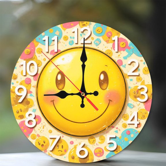 Happy Smiley Face Wall Clock Home Decor 10-Inch Silent Wooden Wall Clock, Battery Operated (AA Batteries Not Included), Artistic Home Decor