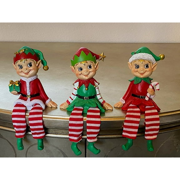 Happy & Smiling Elves W Dangling Legs Poly W Fabric Christmas Winter Elf Sitter Decoration Collectible Figurine Indoor Ornament 8.5" H Set of 3