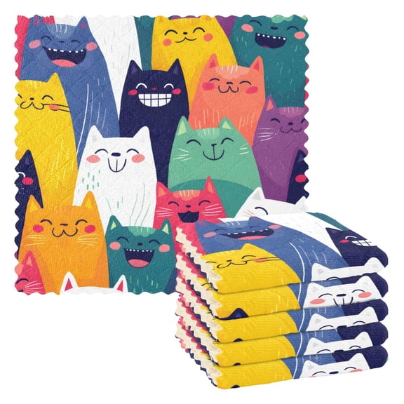 Happy Smiling Pattern Dish Towels 6 Pack Kitchen Cleaning Dish Cloths Absorbent Reuseable Cleaning Cloths 11'' x 11''