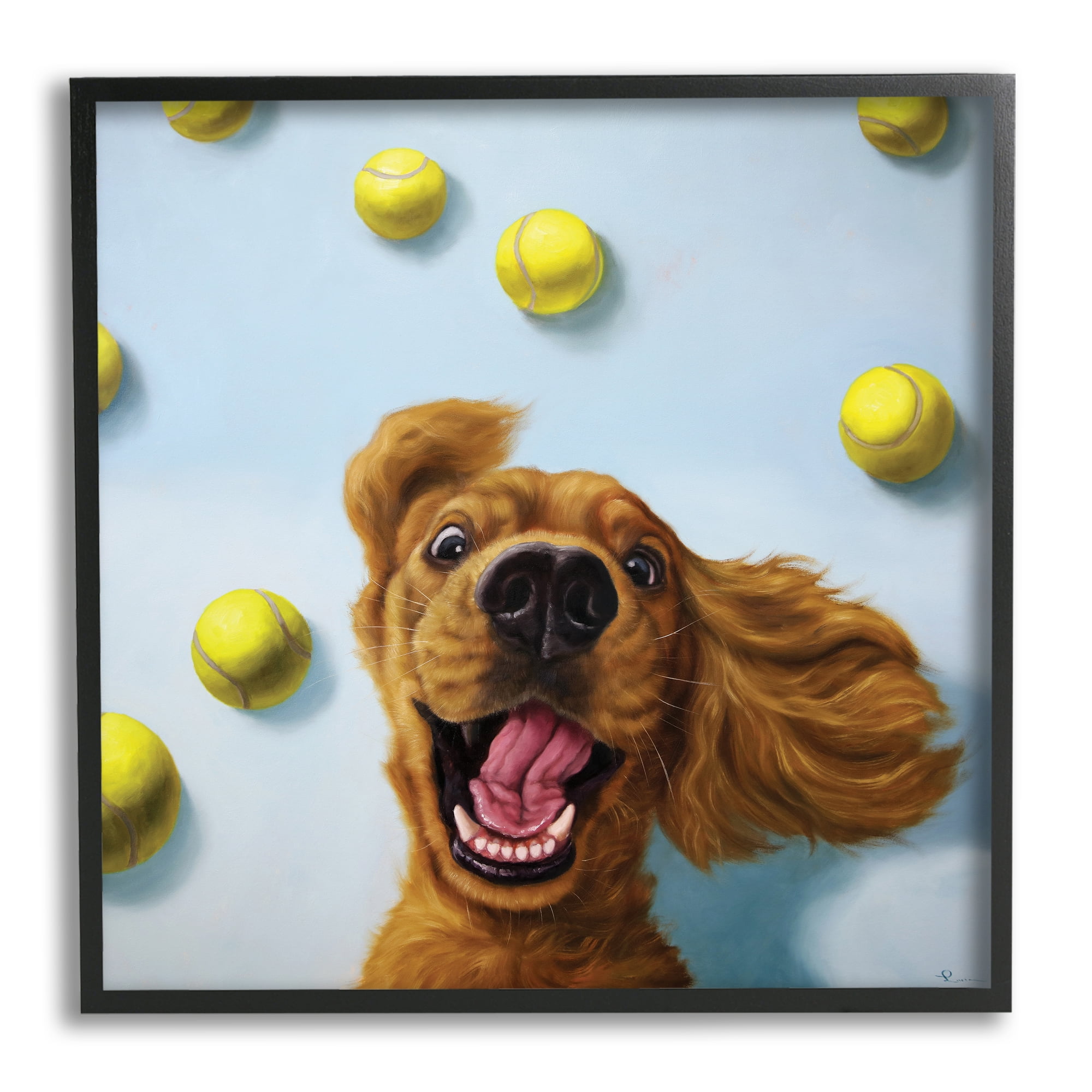 Happy Smiling Pet Dog with Yellow Tennis Balls Animals & Insects Framed Art Print Wall Art, 17x17
