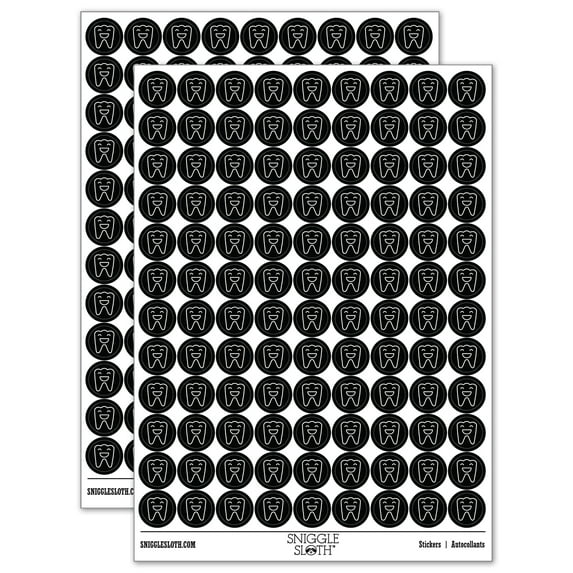 Happy Smiling Tooth Dentist 200+ Round Stickers - Black - Gloss Finish - 0.50" Size