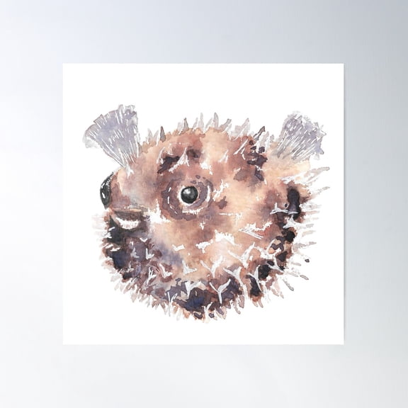 Happy Smiling Watercolour Puffer Fish - Pufferfish - Fugu Poster Wall Art, Modern Wall Decor For Living Room Bedroom, 17x17 UNFRAMED