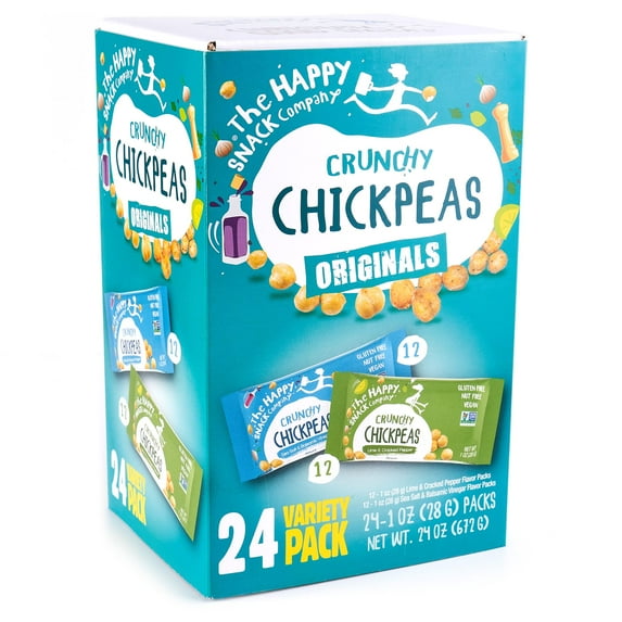 The Happy Snack Company DMF15 Crunchy Chickpeas Variety Balsamic Vinegar Flavor and Lime & Cracked Pepper Flavor). 5g Plant Based Protein & 120 Cals. Gluten, Nut & Dairy Free, Non-GMO and Vegan.