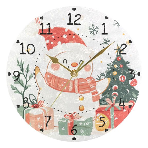 Happy Snowman Christmas Tree Presents Round Wall Clock Silent Analog Battery Operated Gold Pointer Home Decor 9.84" Diameter