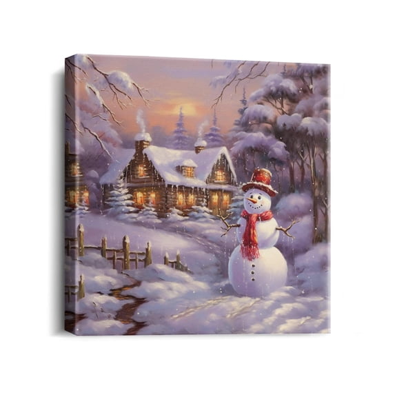 Happy Snowman Decor Wall Art Merry Christmas Snow Landscape Pictures Wall Decor Contemporary Artwork Painting Canvas Print Decor for Office Bedroom Kitchen Dining Room 12x12 Inch