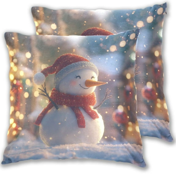Happy Snowman Shining Christmas Throw Pillow Covers Pillowcases 16 x 16 Inch Home Decor 2 Packs for Bedroom Sofa