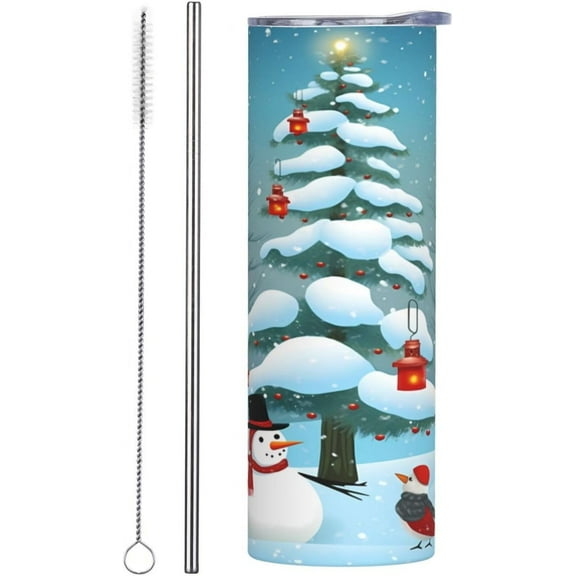 Happy Snowman Stainless Steel Insulated Tumbler 20 OZ, Christmas Tree Coffee Mug Cup with Splash-Proof Lid and Straw for Car Home Office Outdoor Travel