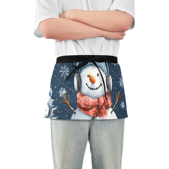 Happy Snowman Wearing Headphone Short Server Apron with 3 Pockets for Unisex Chef Gardening