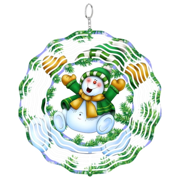 Happy Snowman Wreath 3D Wind Spinner Kinetic Metal Hanging Door Hanging Round