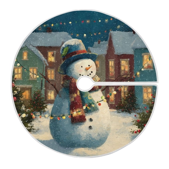 Happy Snowman on Christmas Night Christmas Tree Skirt Opening Design Floor Mat Holiday Decor 35 inch