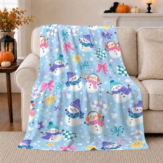 Happy Snowmen with Pink Bows Wrapped Presents Stars and Falling Snow, Playful Winter Party Art for enthusiasts, Cozy Flannel Blanket for living room and Bedroom, Christmas Gift, Home Decor