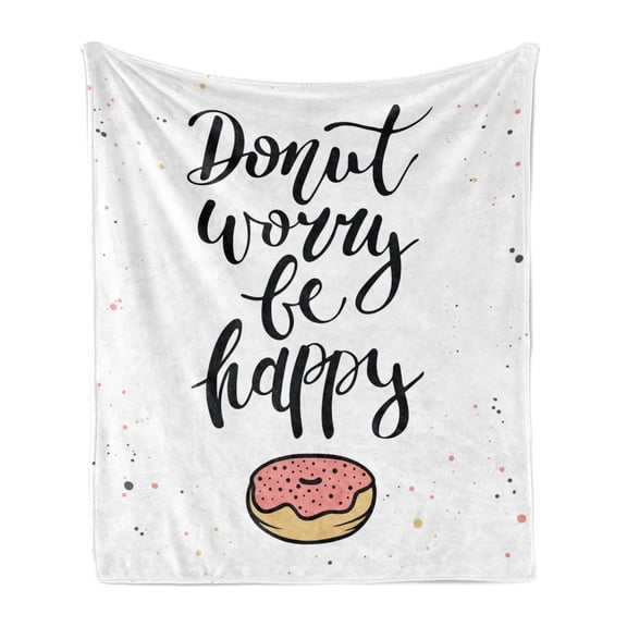 Be Happy Soft Flannel Fleece Throw Blanket, Donut Worry Humorous Words the Sugary Glazed Desert Color Stains, Cozy Plush for Indoor and Outdoor Use, 60" x 80", Multicolor, by Ambesonne